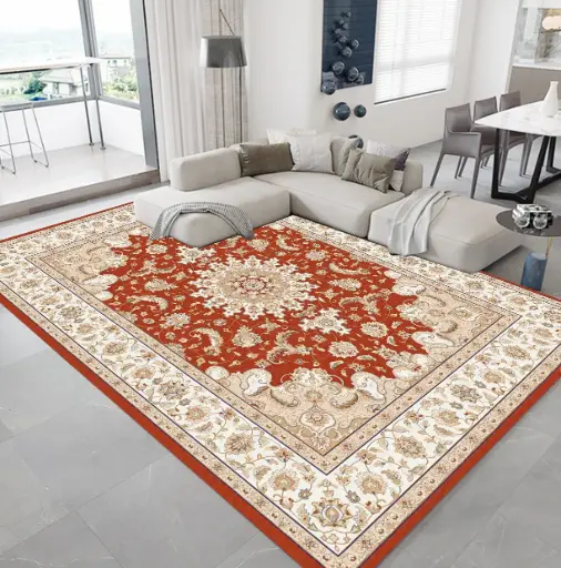 Middle Eastern Inspired Rug – Golden Patterns on Deep Red Base Carpet Sw