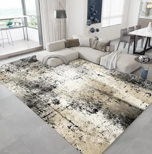 Abstract Modern Rug – Stylish Design in Black, Beige and Grey Brush Stroke Effect Carpet Sw
