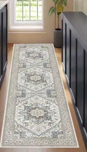Traditional Blue Beige Gray Runner Rug – Elegant Hallway Carpet Design Sw