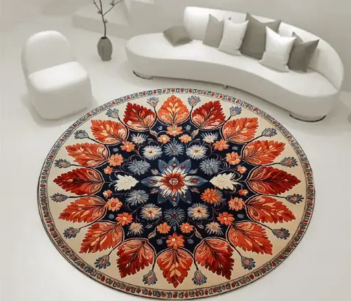 Round Boho Rug – Red & Navy Floral Mandala Design Circle Carpet Sw