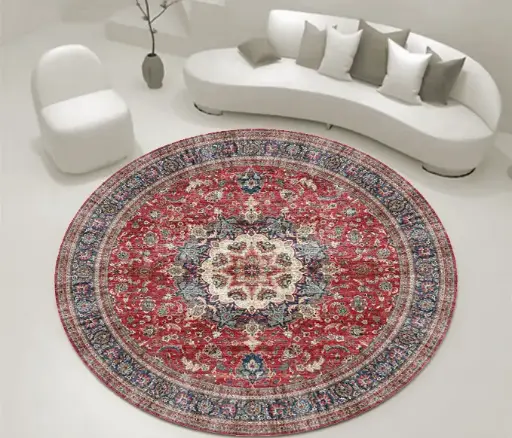 Oriental Medallion Round Shape Carpet Red & Navy Accents Circle Rug Sw