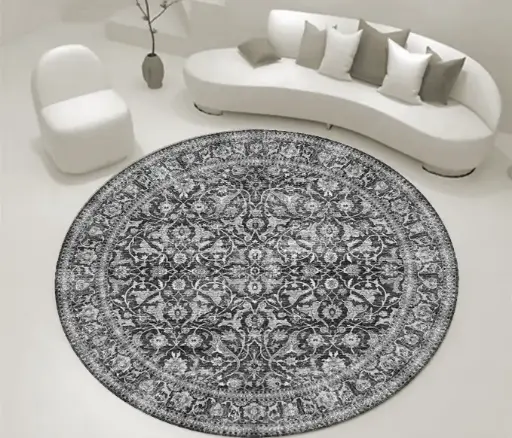 Black Vintage Round Rug – Grey Medallion Pattern Circle Carpet Sw