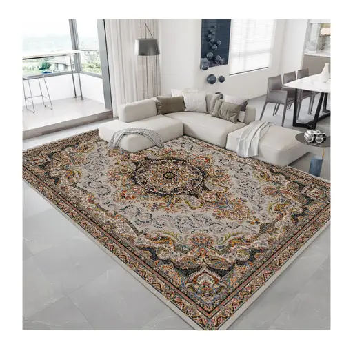 Ornate Palace Design Rug – Cream Base with Multicolor Cashmere Feel Carpet