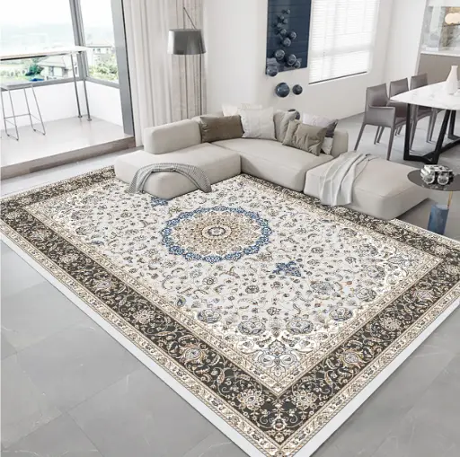 Traditional Vintage Cream-White Dark Navy Border Detail Cashmere Feel Carpet