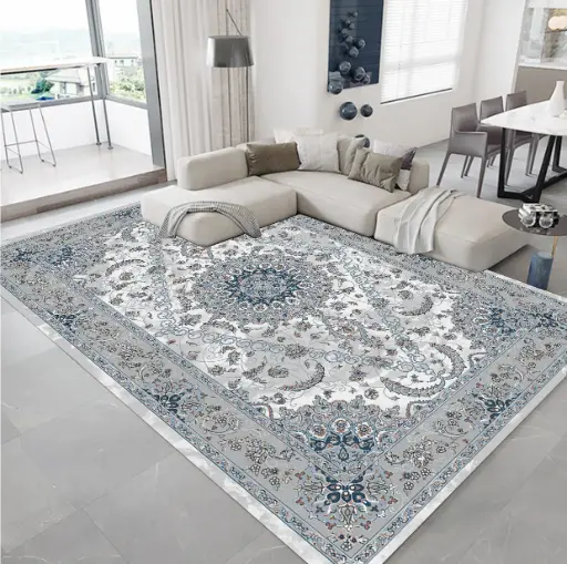 Elegant Blue Silver Vintage Rug – Persian Style on Light Grey Base Cashmere Feel Carpet