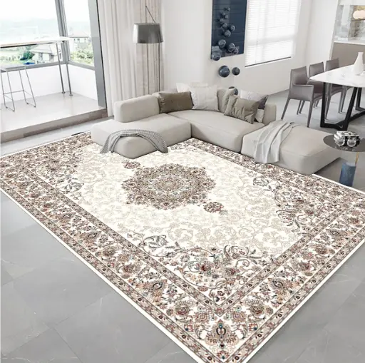 Cream Base Traditional Rug – Brown Blue Medallion Pattern Cashmere Feel Carpet