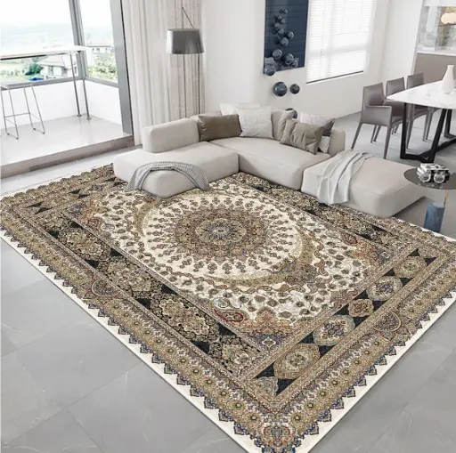 Classic Persian Rug Medallion Cream & Black Bordered – Palace Style Rug Cashmere Feel Carpet